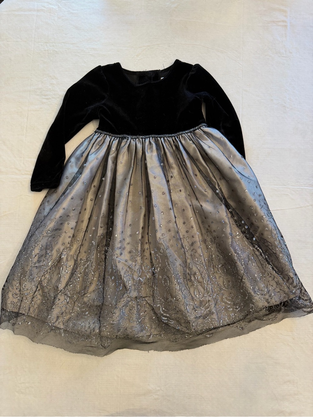 Bonnie Jean Black and Silver Velvet & Glitter Overlay Party Dress